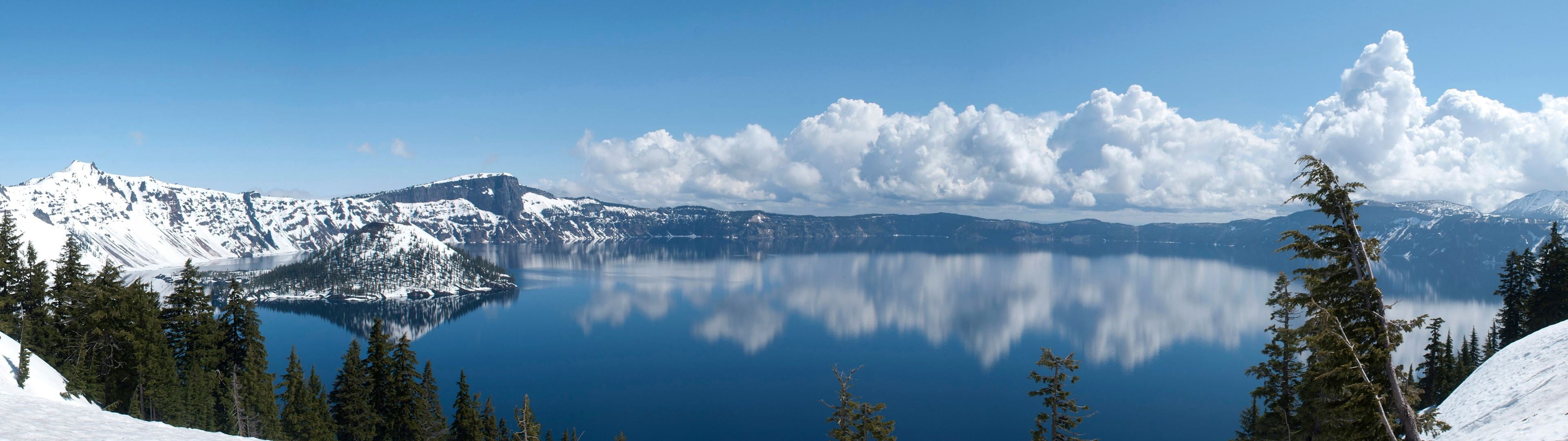 white cumulus clouds landscape lake crater reflection widescreen dualmonitor dualscreen 2k 4k