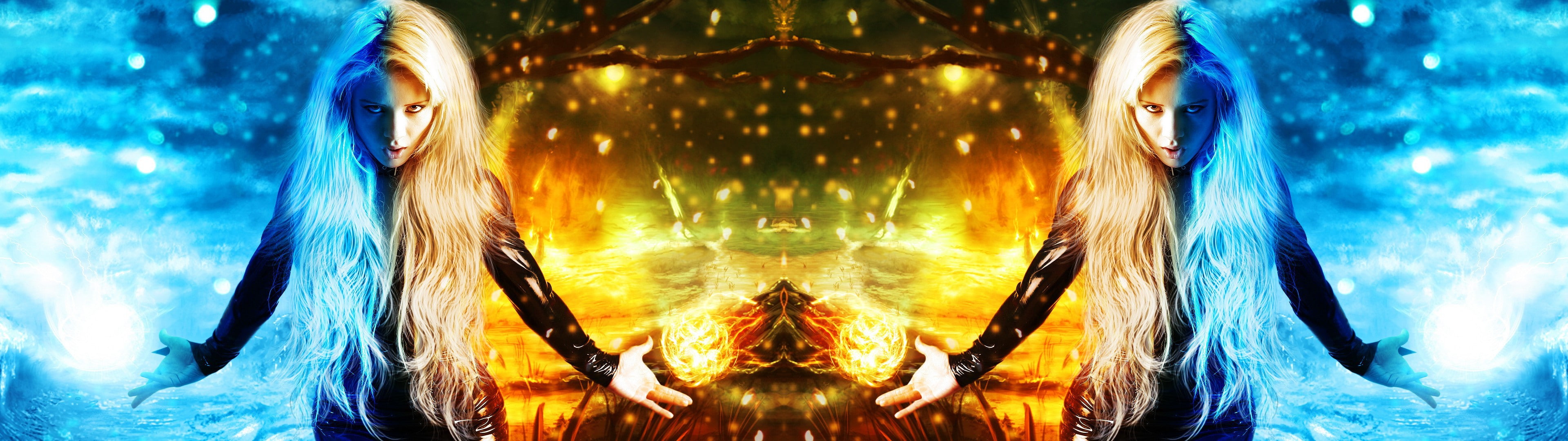 women dual monitors multiple display water fire front view widescreen dualmonitor dualscreen 2k 4k