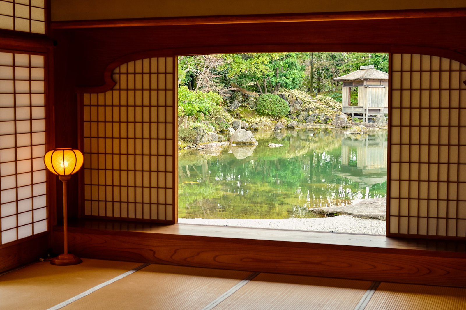 brown floor lamp near body of water landscape japan house 2k 4k 5k