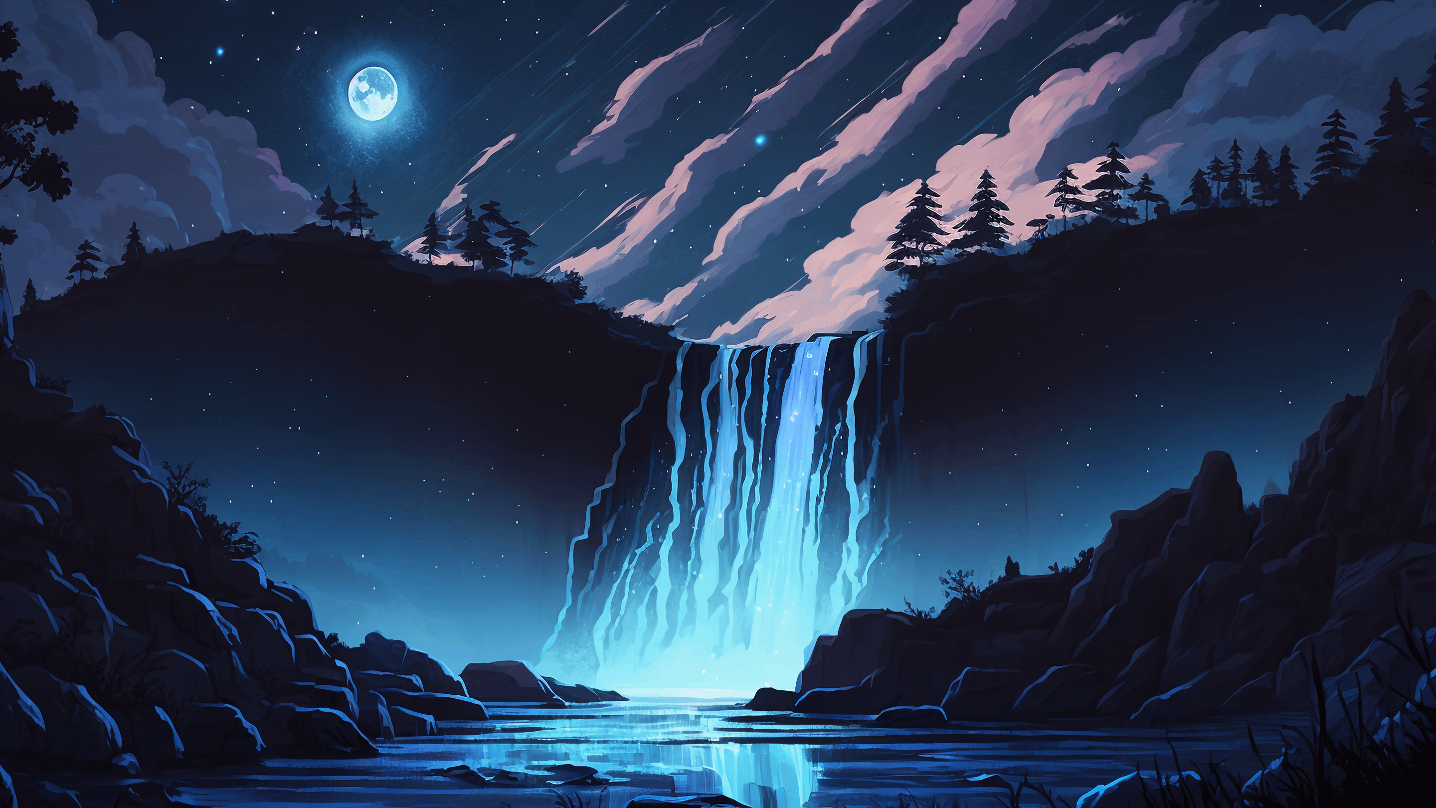 Waterfall midnight minimalism art digital 2k