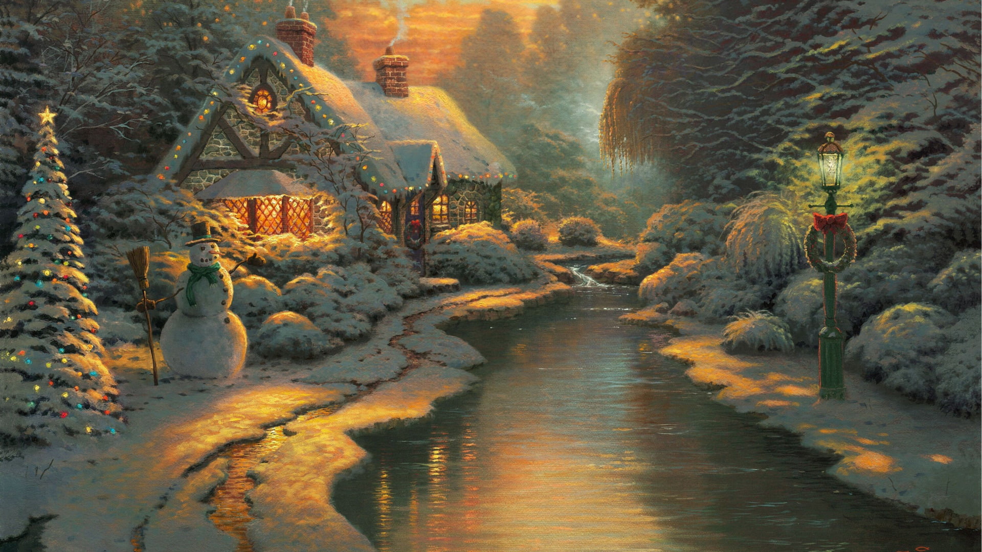 house trees and lake digital wallpaper forest snow lights 46 2k