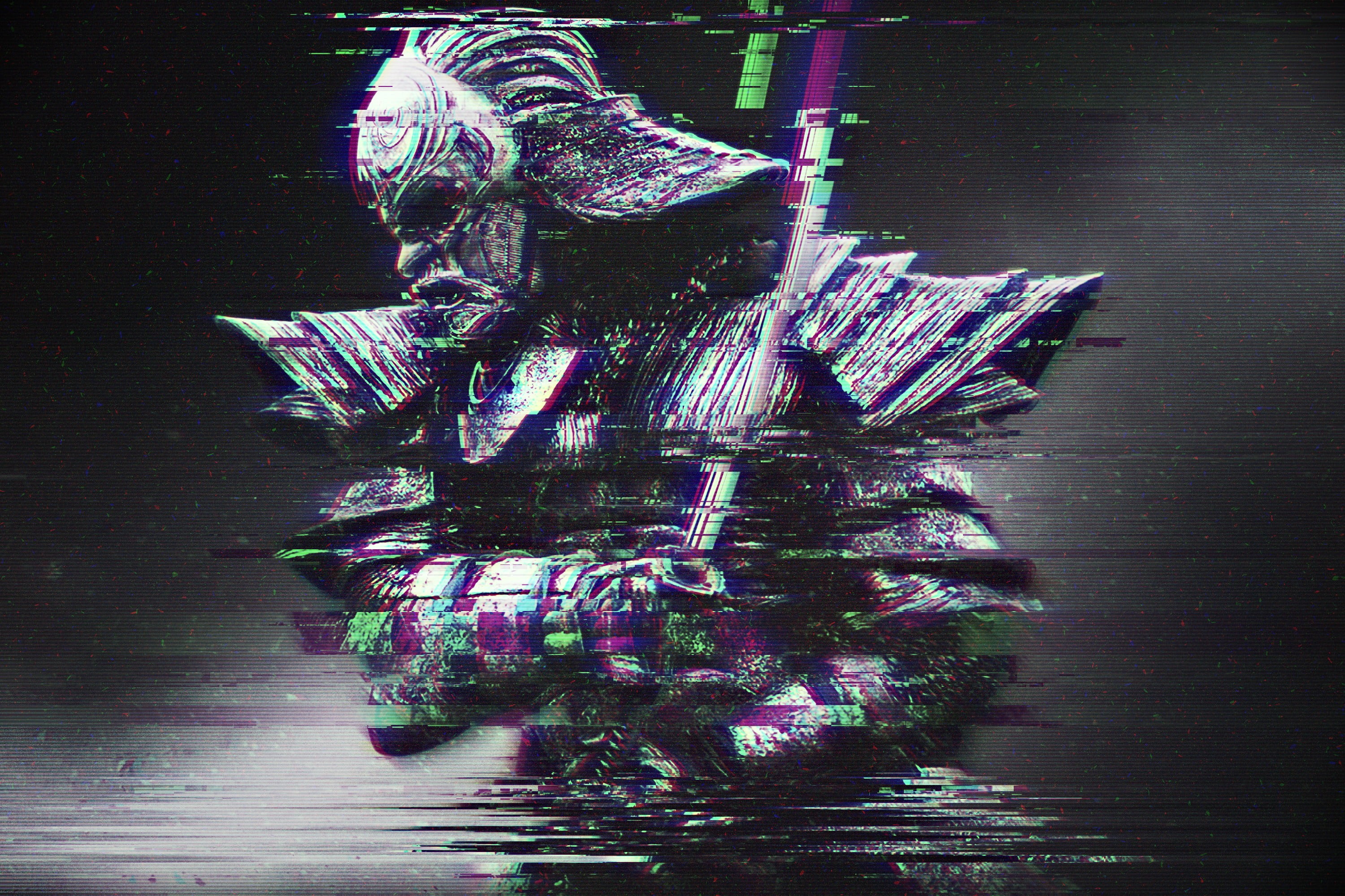 Samurai warrior digital wallpaper glitch art abstract distortion 29 2k